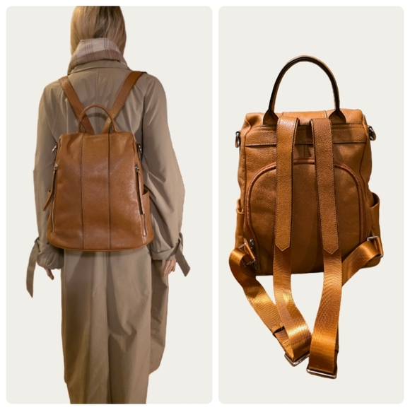 SZone Handbags - S-ZONE Brown Pebbled Leather Antit-Theft Backpack EUC